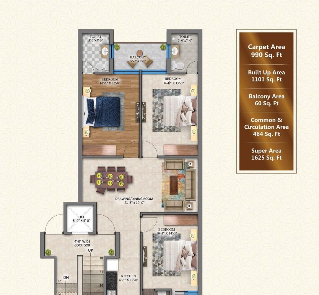 3bhk Block Middle - Tupical Floor Plan