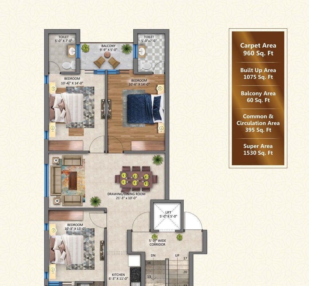 3bhk-Block-Tupical-Floor-Plan Aura Homes