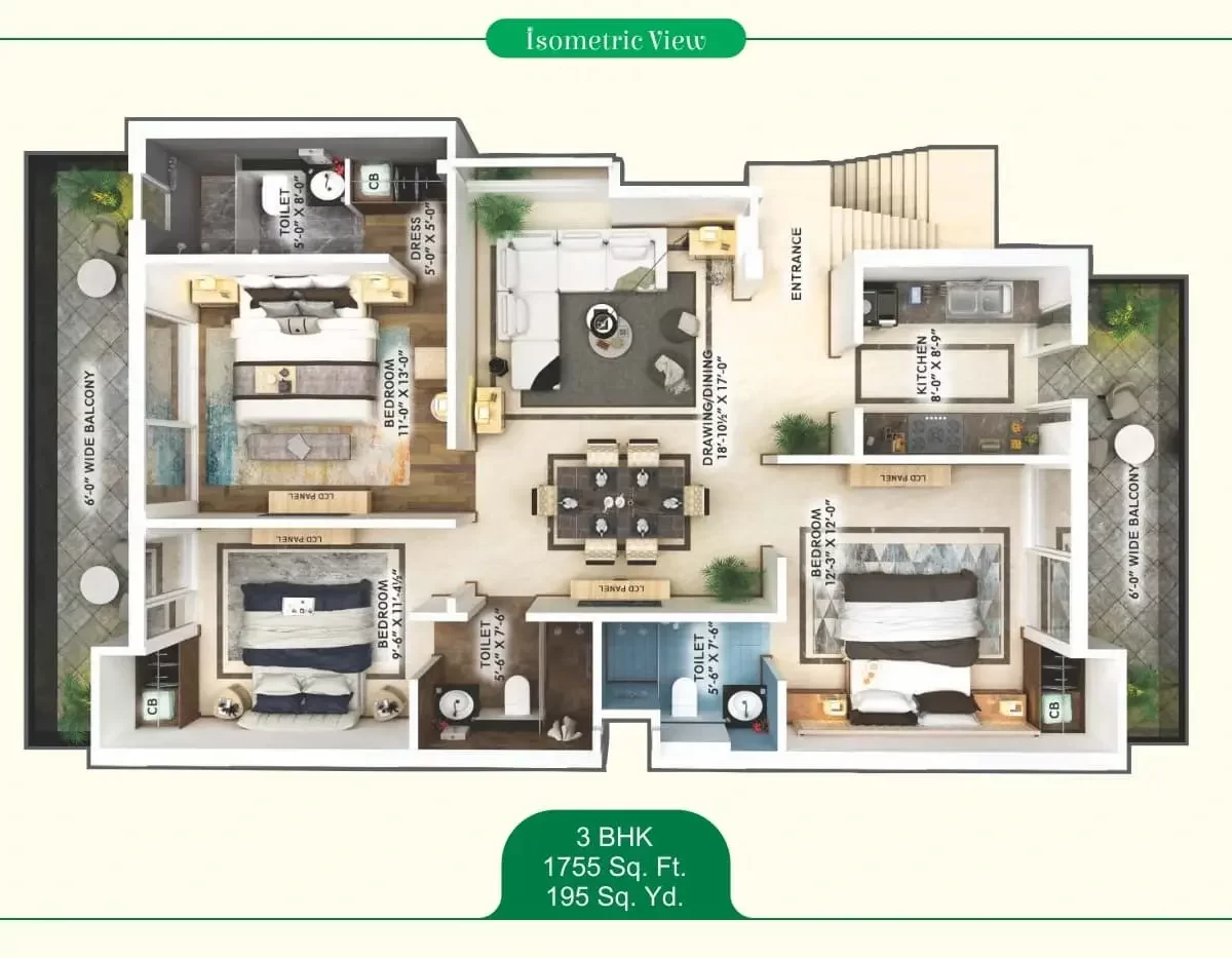 Motia'z Harmony Greens Floor Plan 3BHK 1755 Sq.ft.